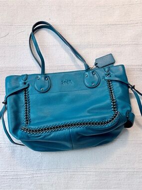 Coach Teal Blue Leather Braided-Trim Shoulder Tote